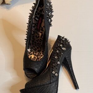 Dollhouse Black Spike & Crystal Peep-Toe Platform Heels